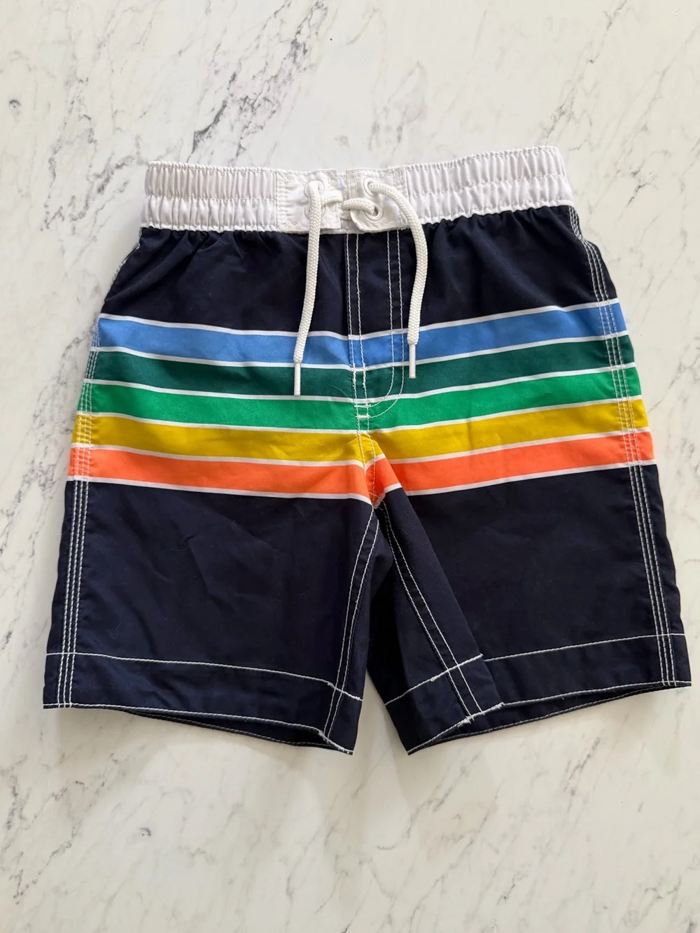 Baby Gap Boys Size 5T Retro Boardshort Swim Trunks, Navy w/ Rainbow Stripes